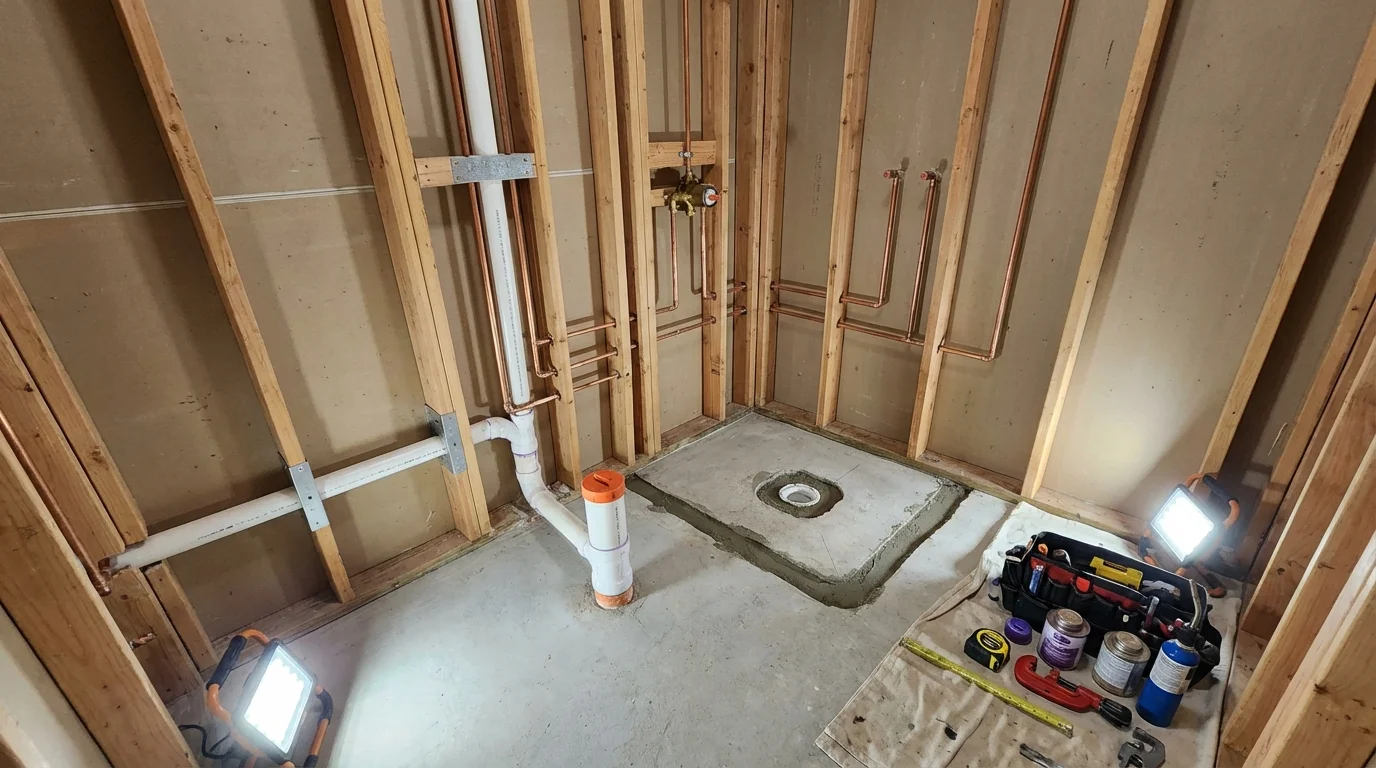 Bathroom rough-in plumbing during remodel by Johns Plumbing LLC in Plano
