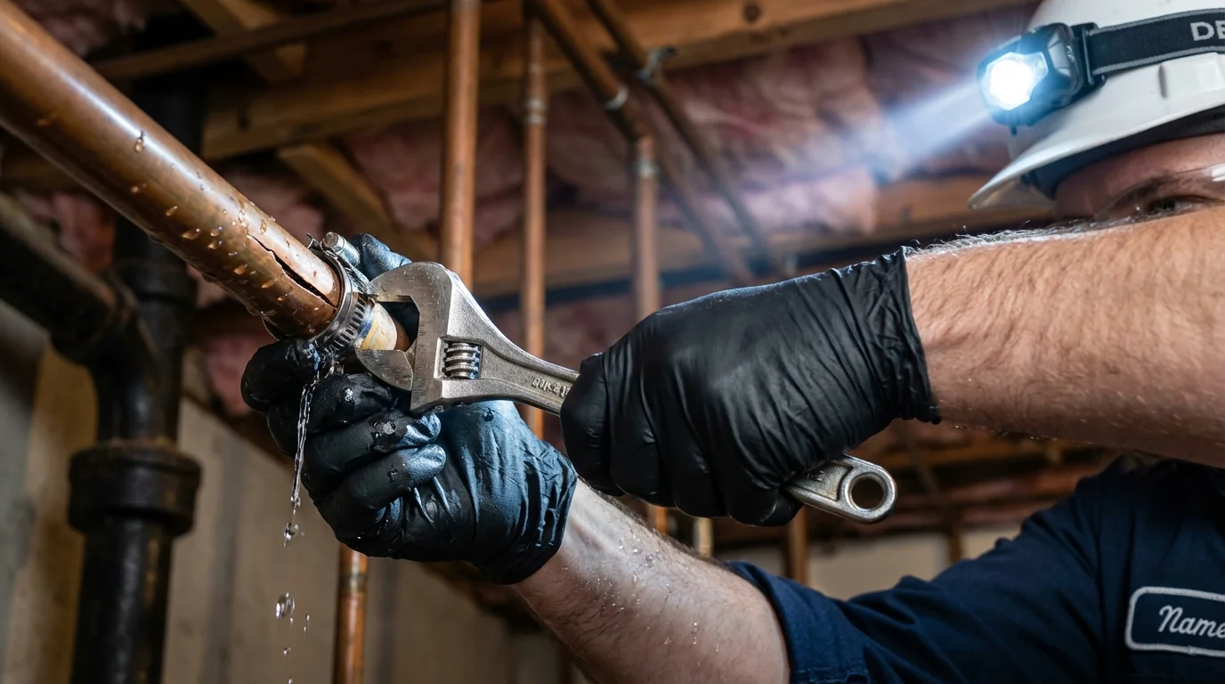 Emergency pipe clamp repair being performed by a Johns Plumbing LLC plumber in Plano