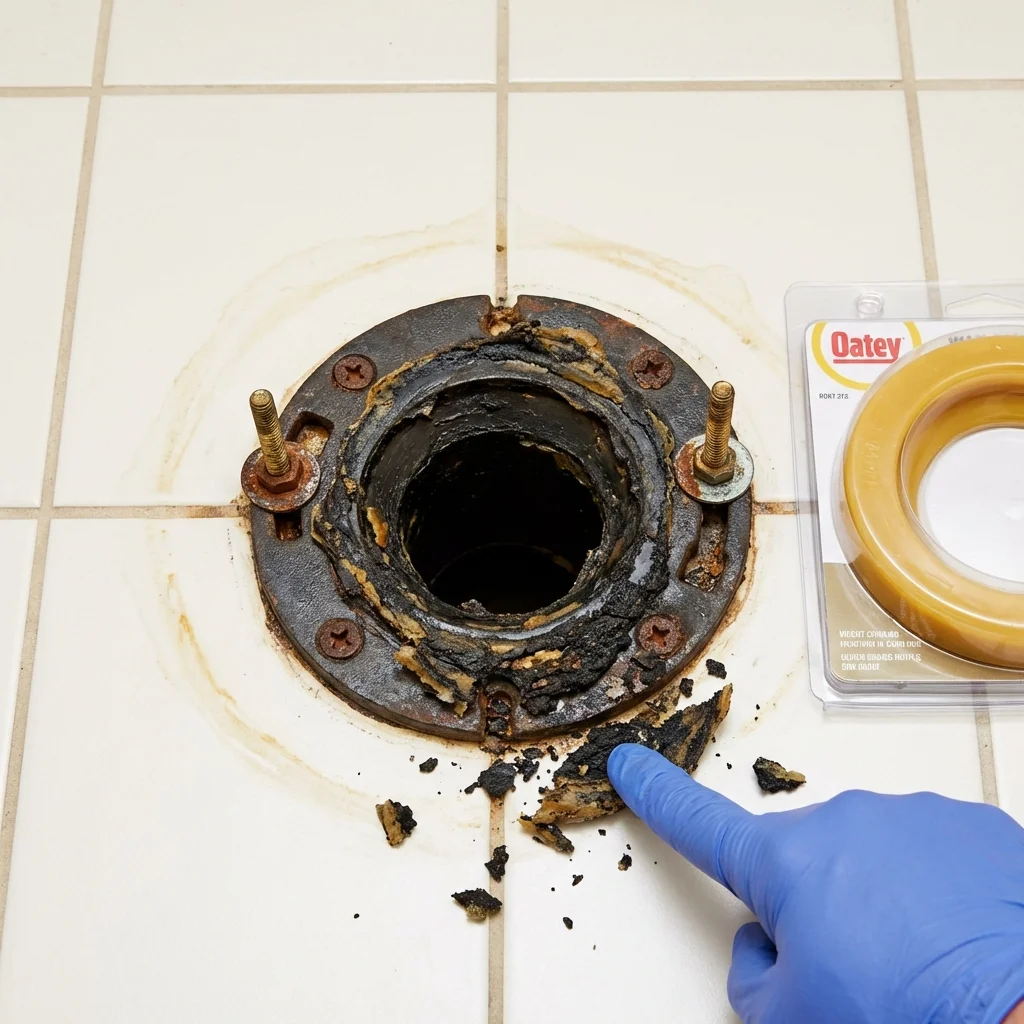 Failed wax ring showing water seepage at the base of a toilet in a Plano, TX home